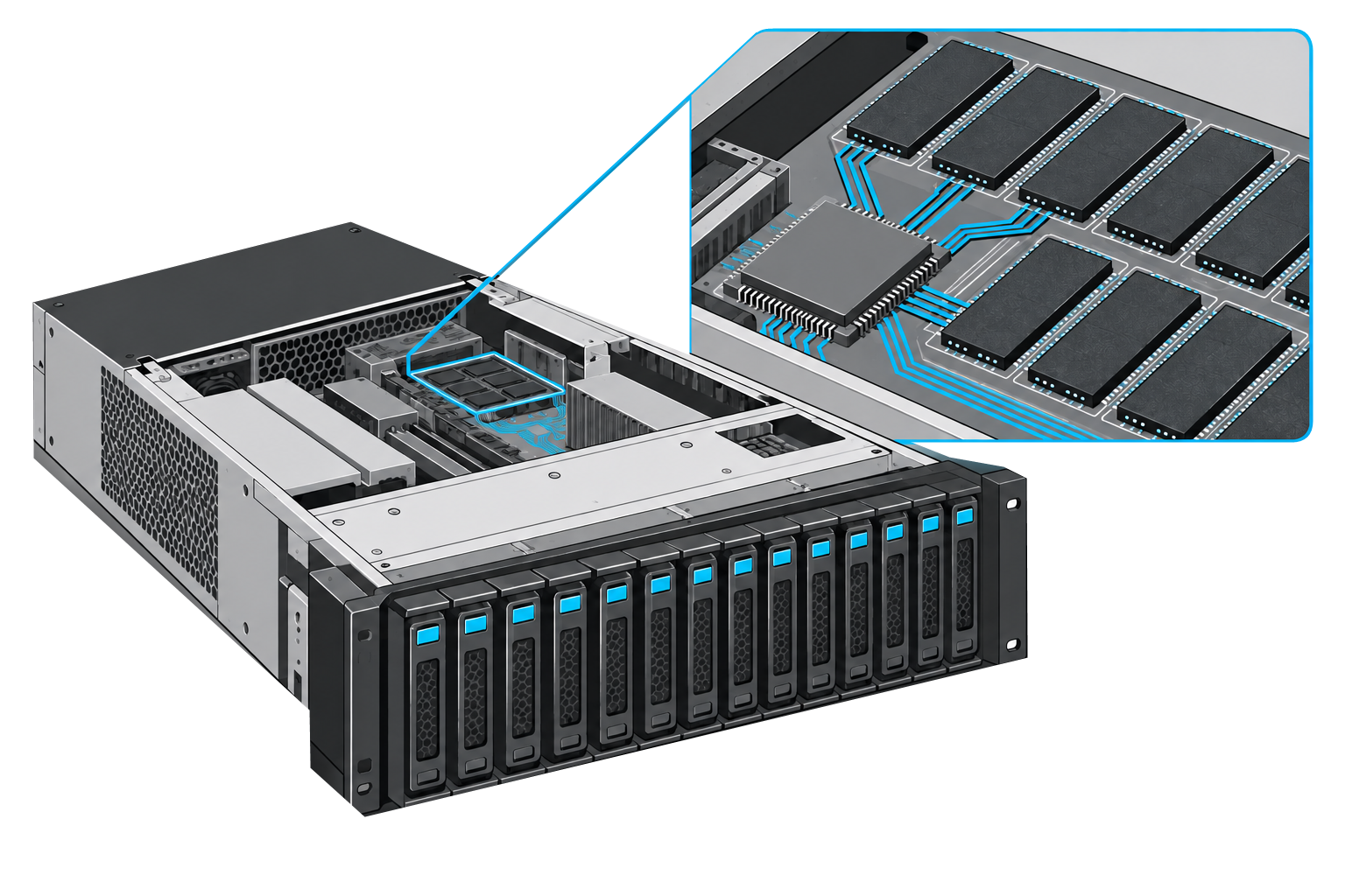 Stylized cutaway of an enterprise storage system with an enlarged view of memory and controller circuitry